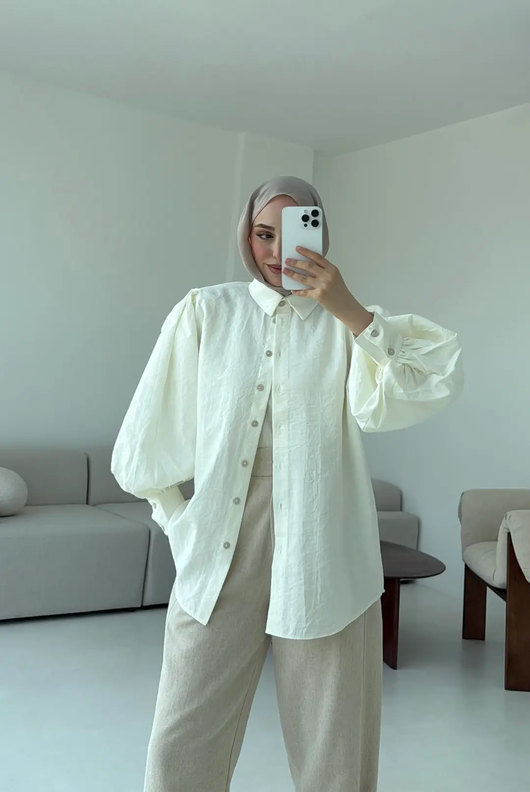 Cotton Balon Kol Gömlek Krem - Görsel 8