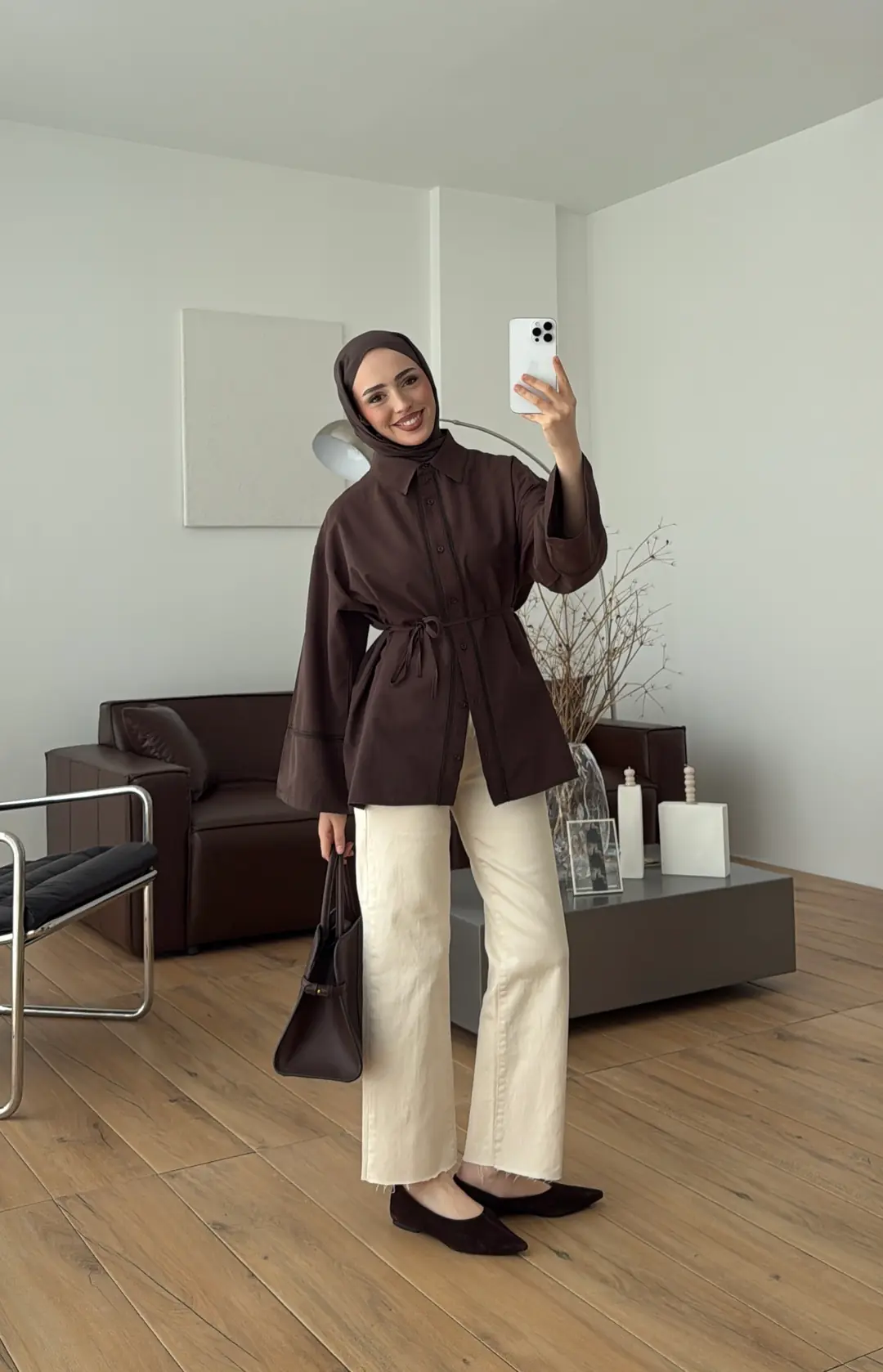 Dantel Geçişli Poplin Gömlek Kahve - Görsel 2