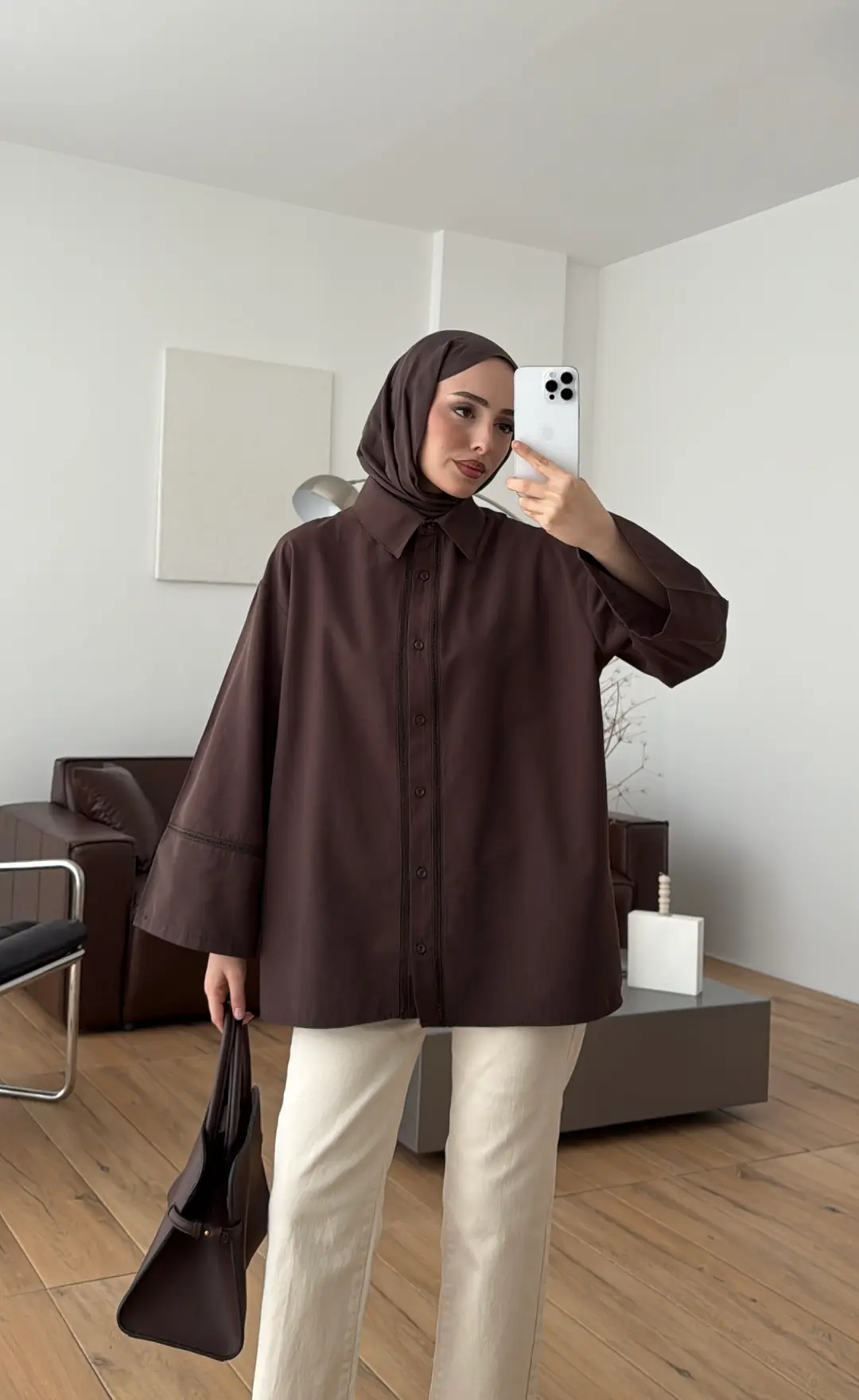 Dantel Geçişli Poplin Gömlek Kahve - Görsel 3