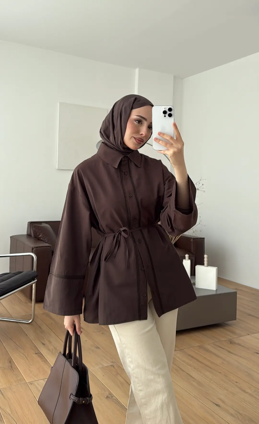 Dantel Geçişli Poplin Gömlek Kahve - Görsel 4