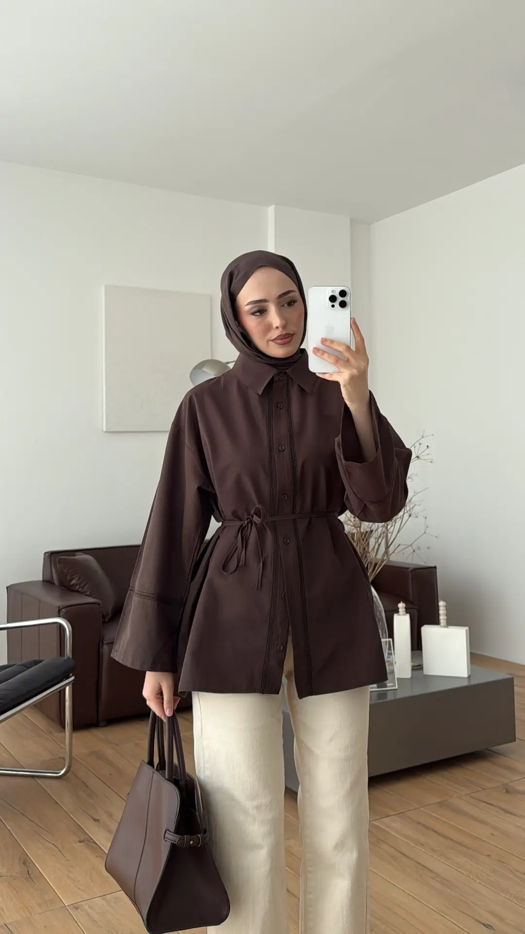 Dantel Geçişli Poplin Gömlek Kahve - Görsel 5