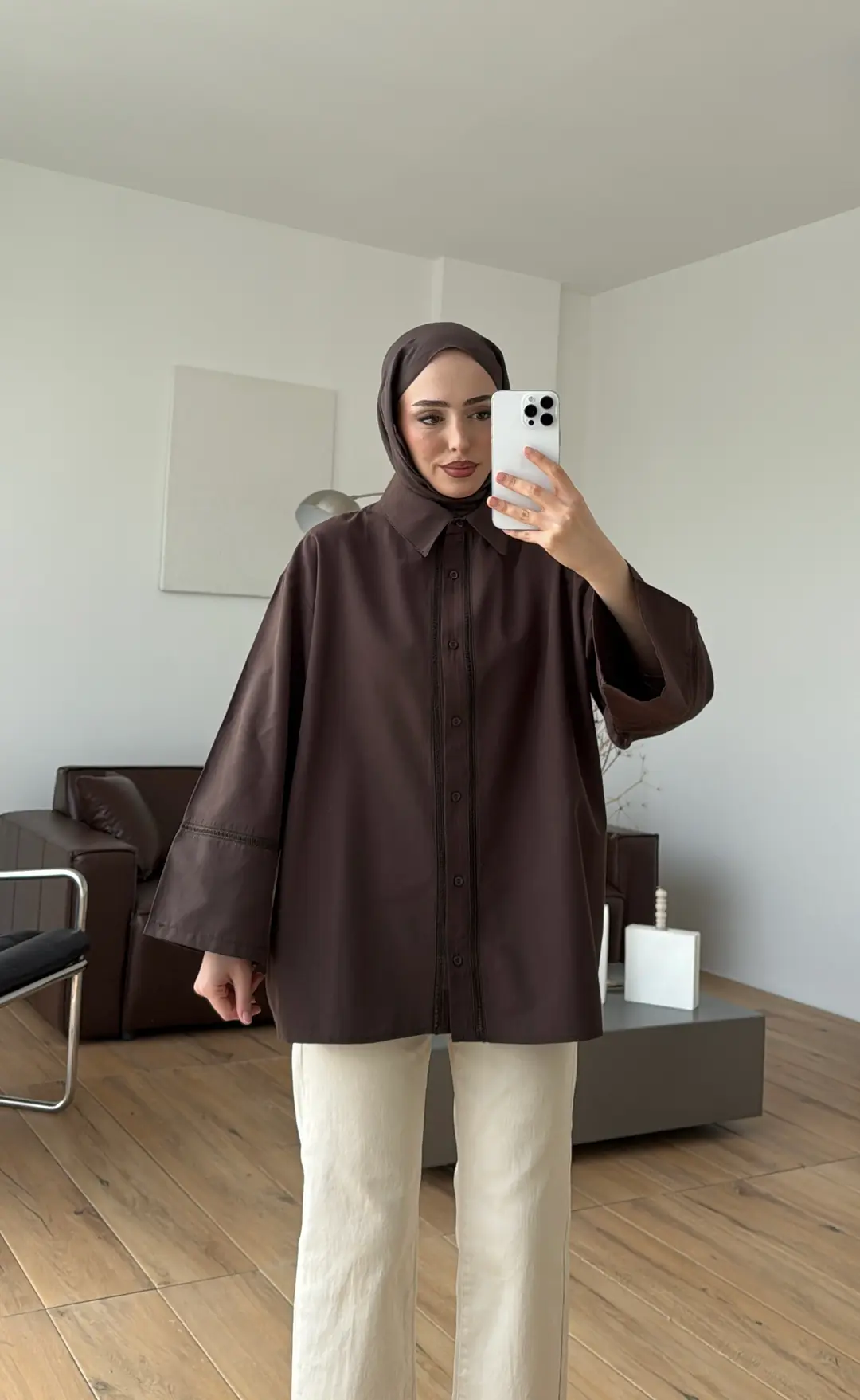 Dantel Geçişli Poplin Gömlek Kahve - Görsel 8