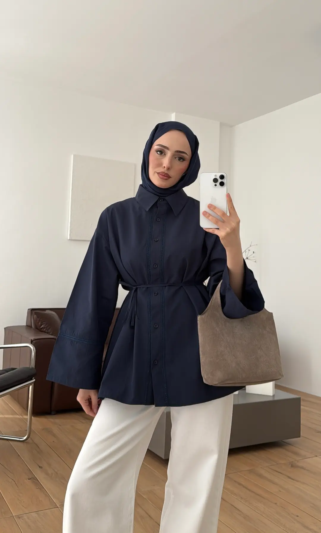 Dantel Geçişli Poplin Gömlek Lacivert