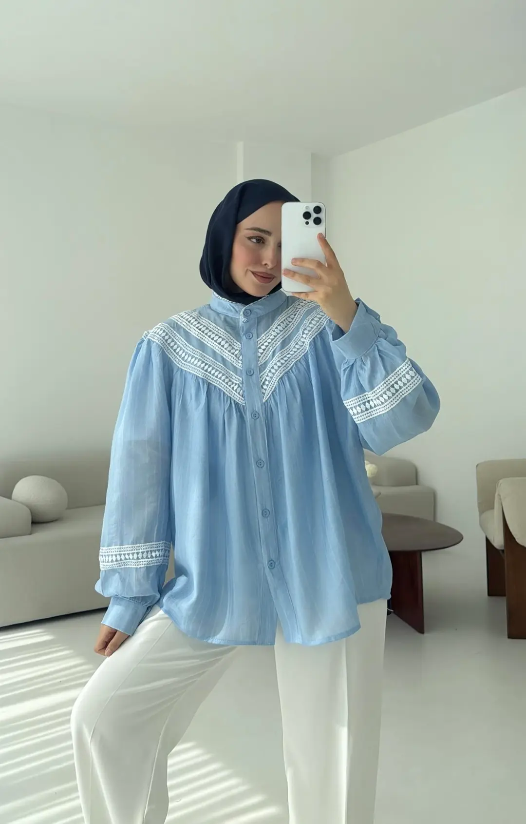 Dantelli Büzgülü Gömlek Acık Mavi - Görsel 5