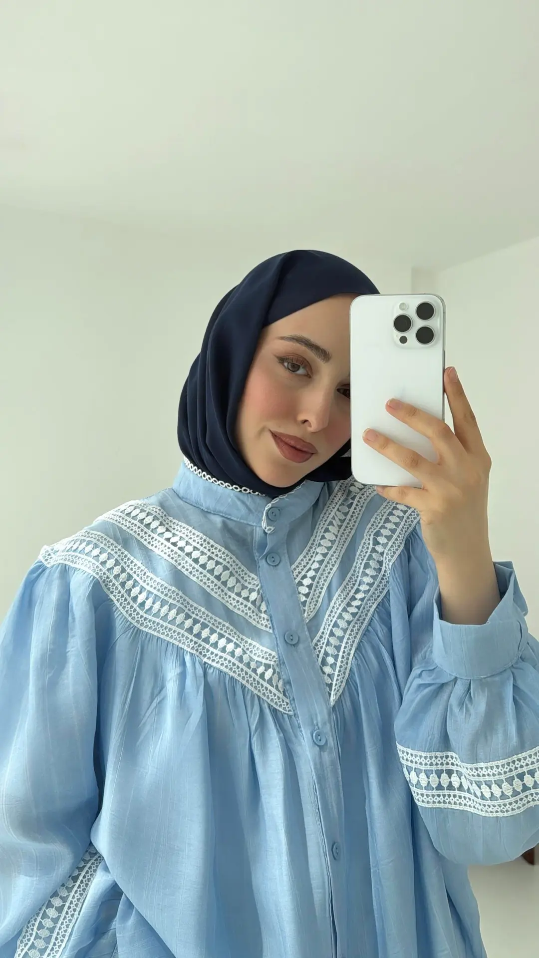 Dantelli Büzgülü Gömlek Acık Mavi - Görsel 7