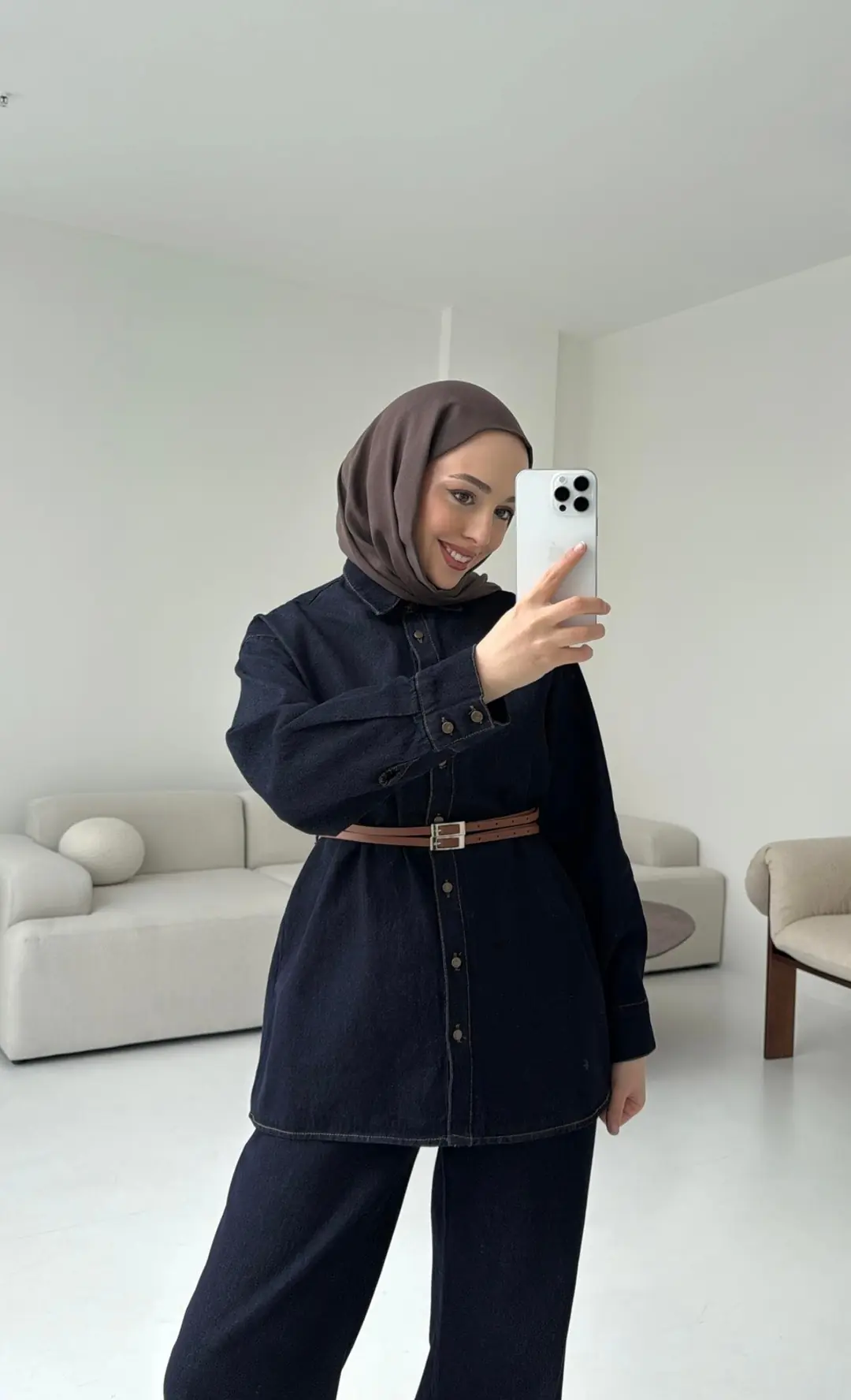 Denim Kemerli Gömlek Takım