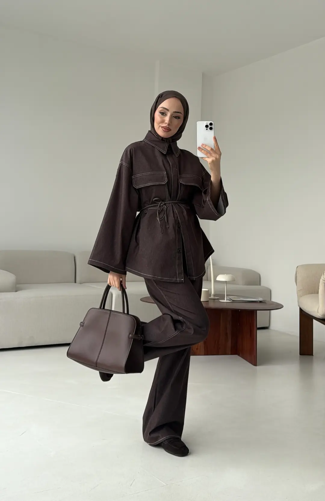 Denim Kontrast Dikişli Takım Kahve