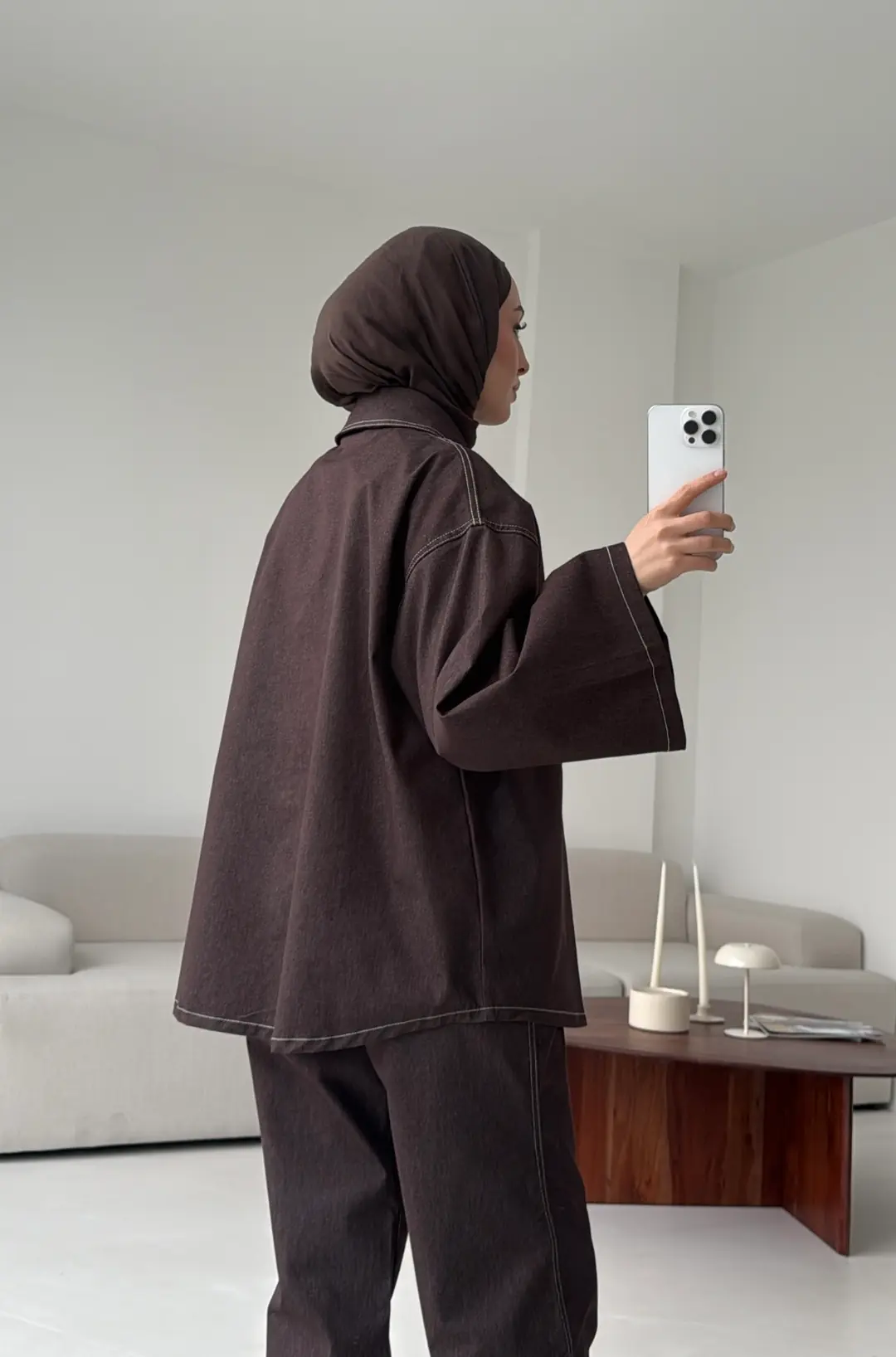 Denim Kontrast Dikişli Takım Kahve - Görsel 4