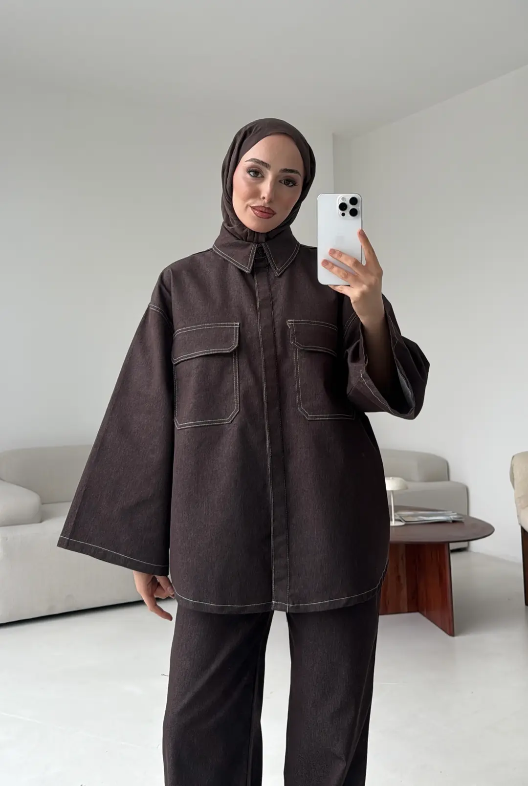 Denim Kontrast Dikişli Takım Kahve - Görsel 5