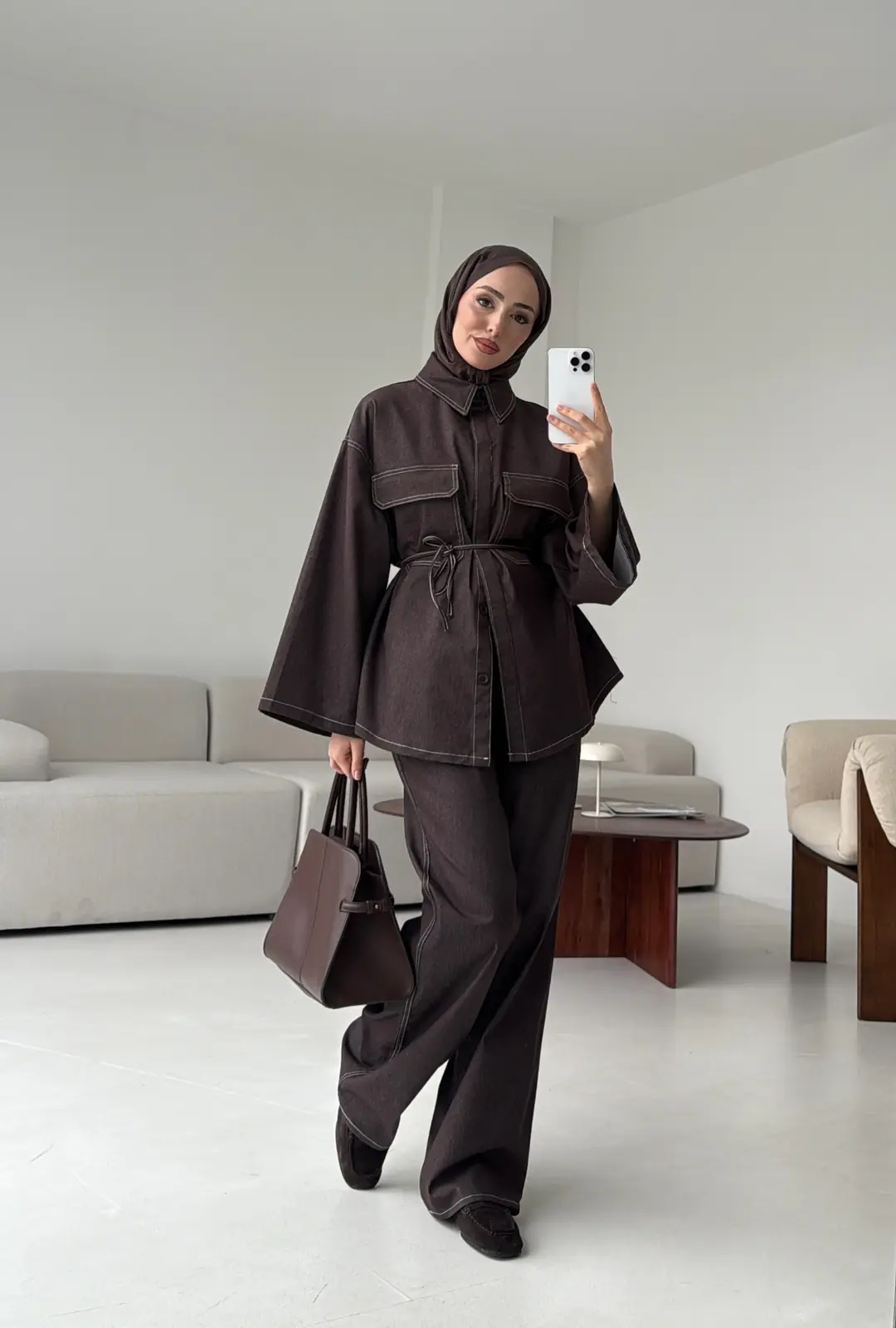 Denim Kontrast Dikişli Takım Kahve - Görsel 6