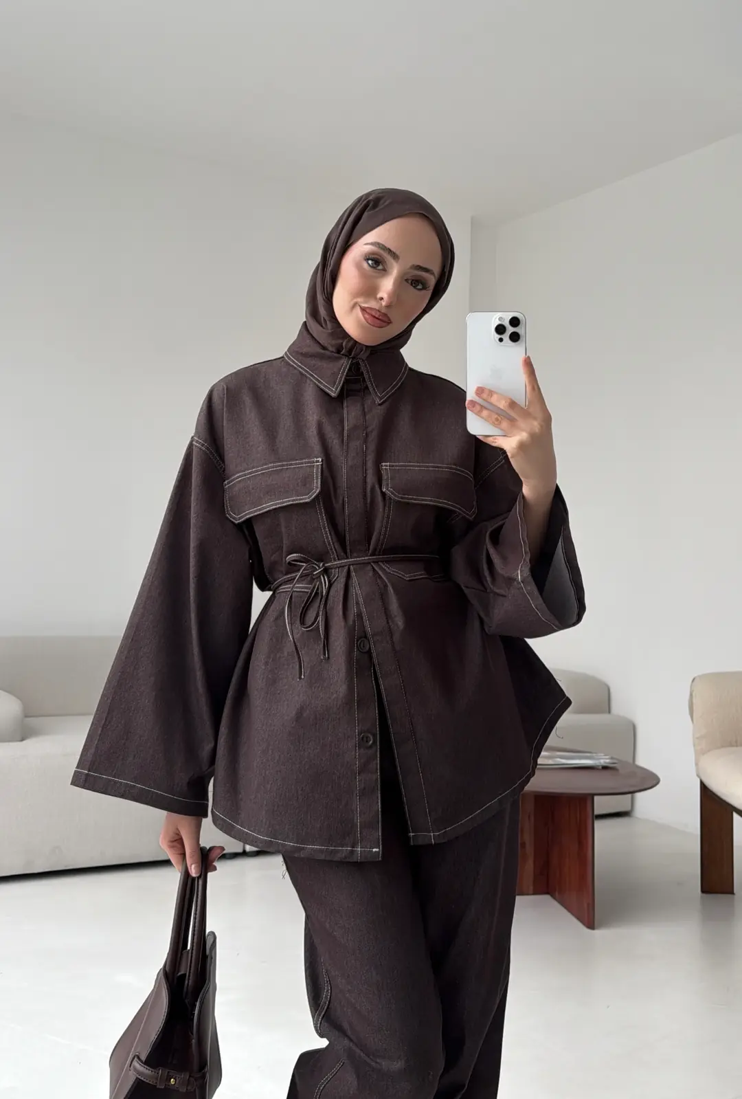 Denim Kontrast Dikişli Takım Kahve - Görsel 7