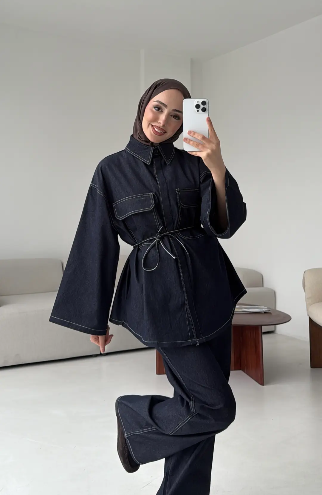 Denim Kontrast Dikişli Takım Lacivert - Görsel 2