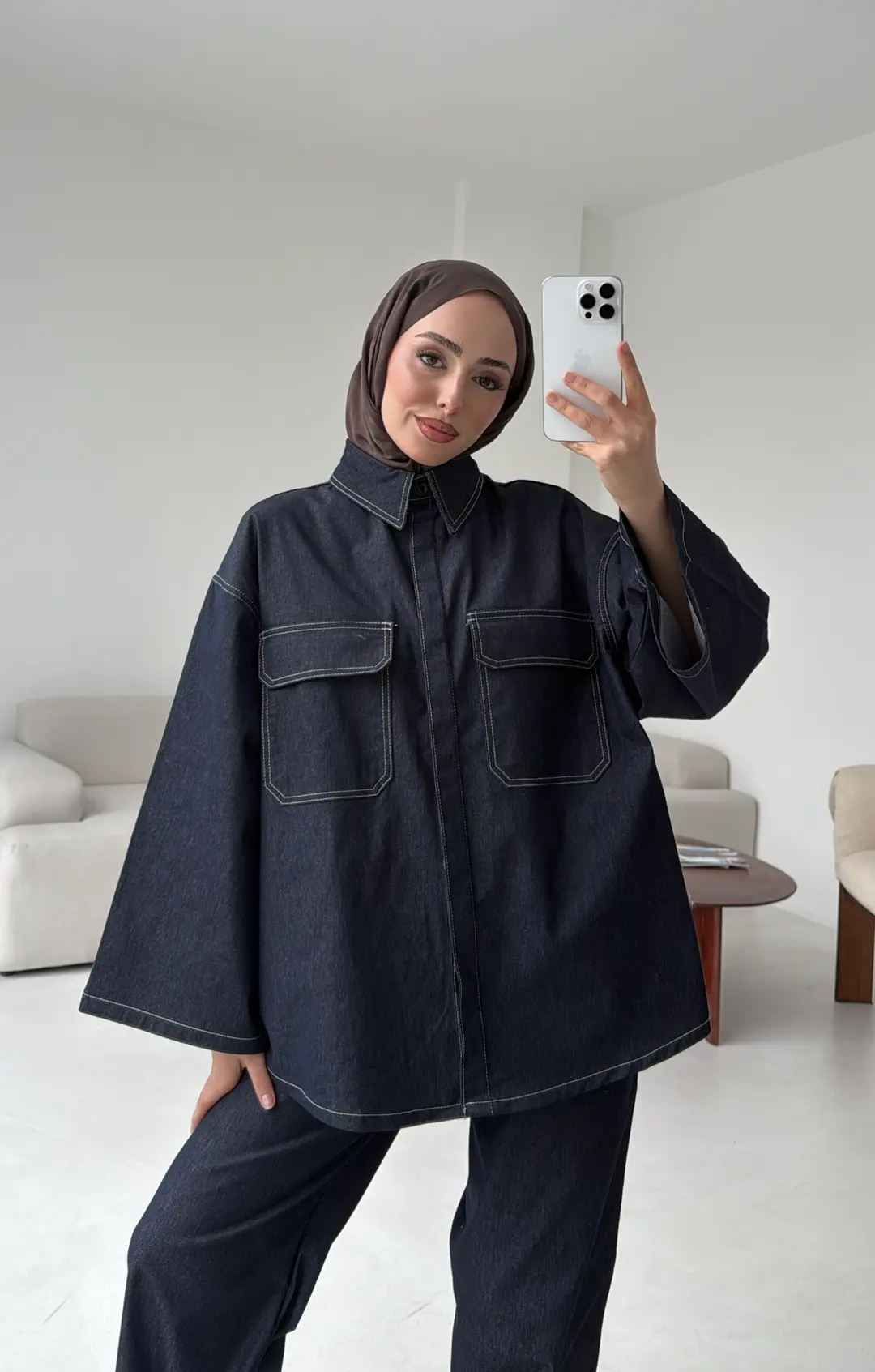 Denim Kontrast Dikişli Takım Lacivert - Görsel 4