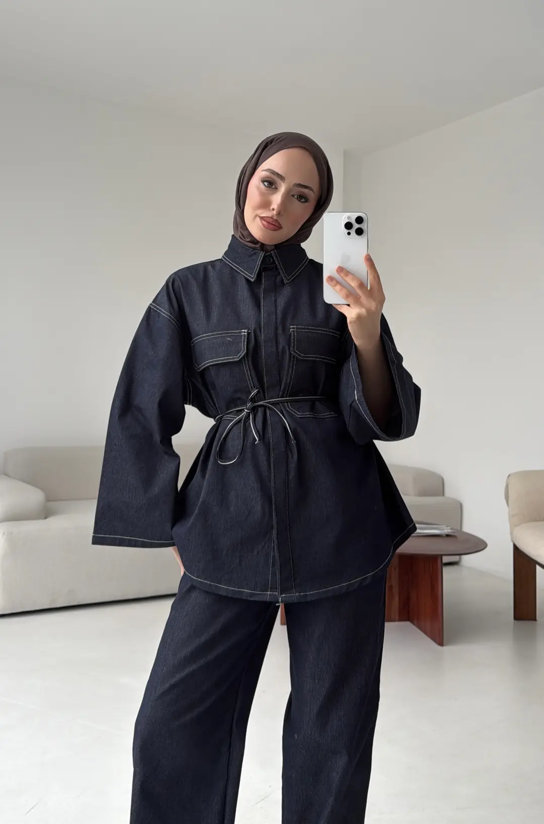 Denim Kontrast Dikişli Takım Lacivert - Görsel 5