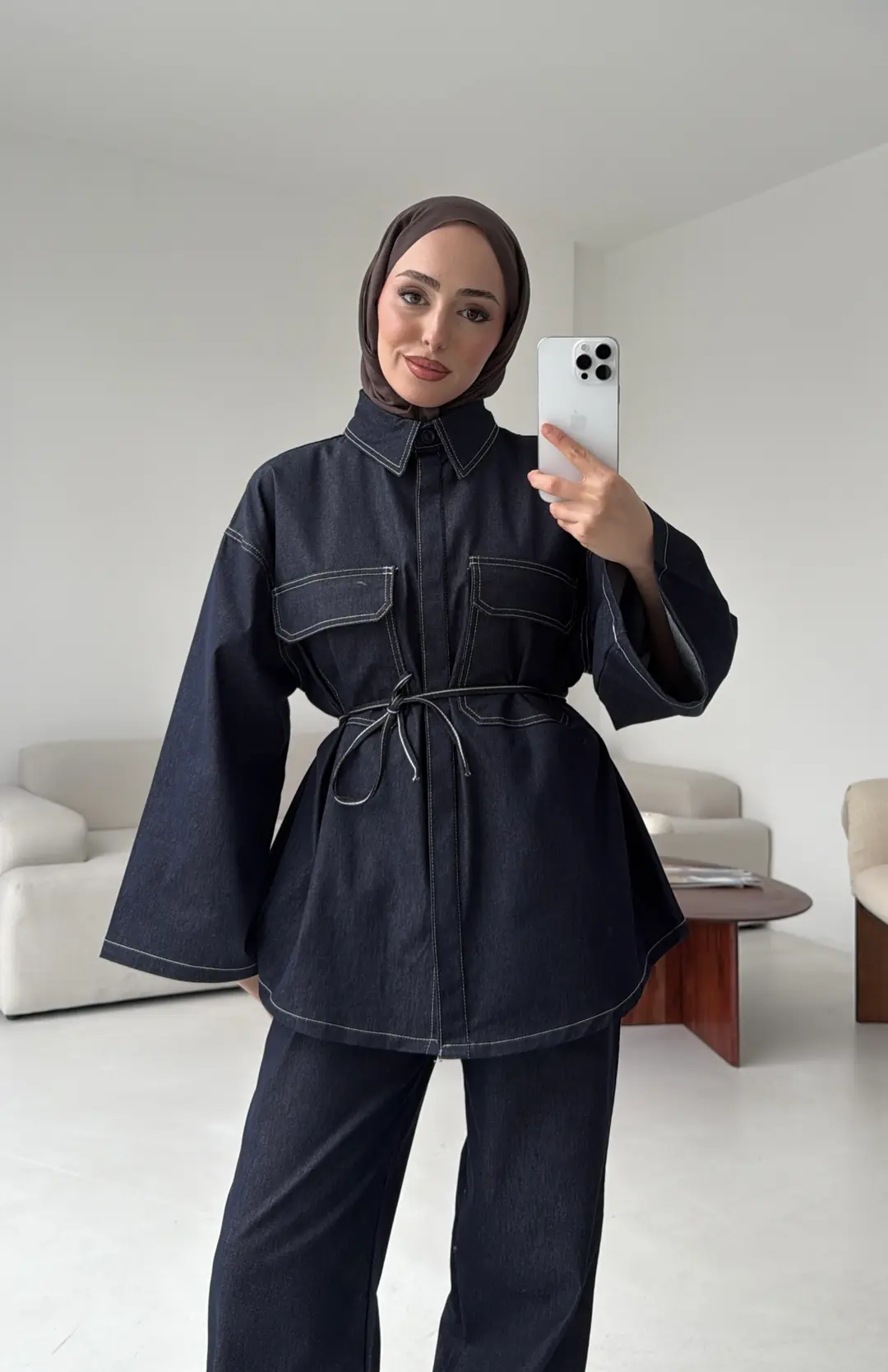 Denim Kontrast Dikişli Takım Lacivert - Görsel 7