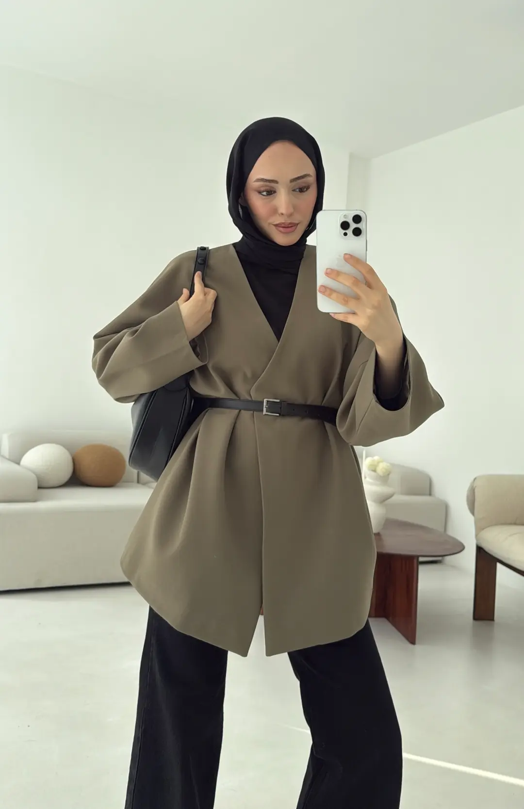 Deri Kemer Detay Oversize Ceket Haki - Görsel 2