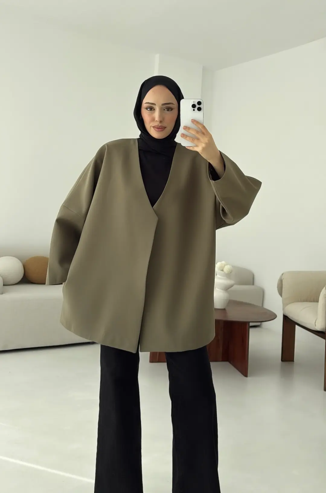 Deri Kemer Detay Oversize Ceket Haki - Görsel 5