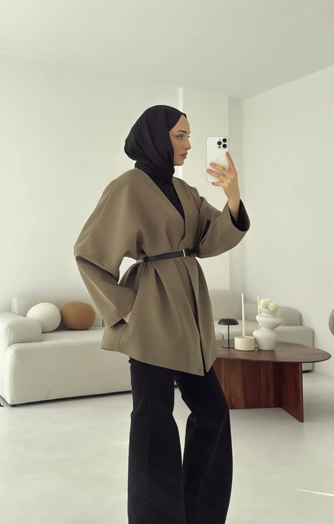 Deri Kemer Detay Oversize Ceket Haki - Görsel 6