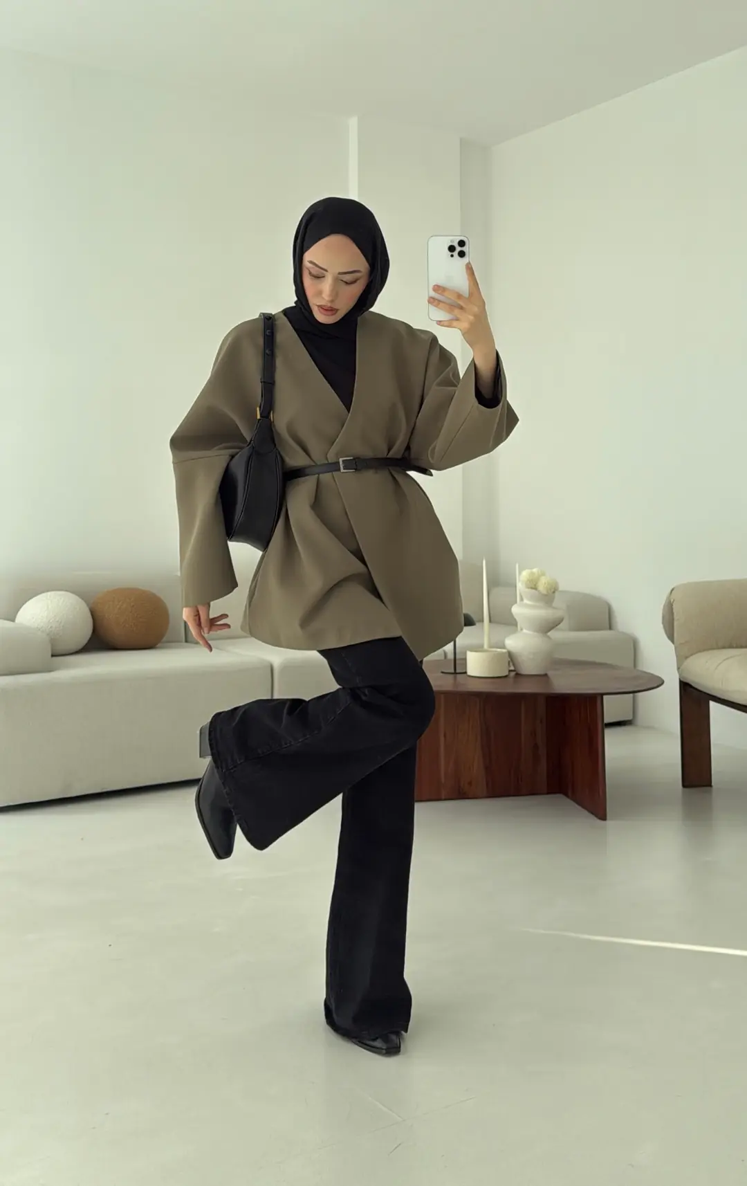 Deri Kemer Detay Oversize Ceket Haki - Görsel 8