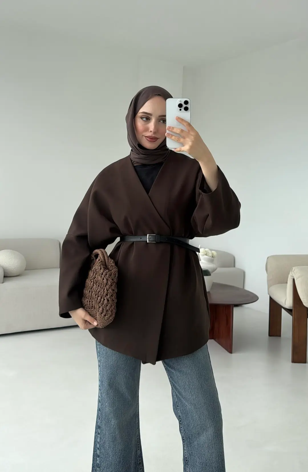 Deri Kemer Detay Oversize Ceket Kahve - Görsel 2