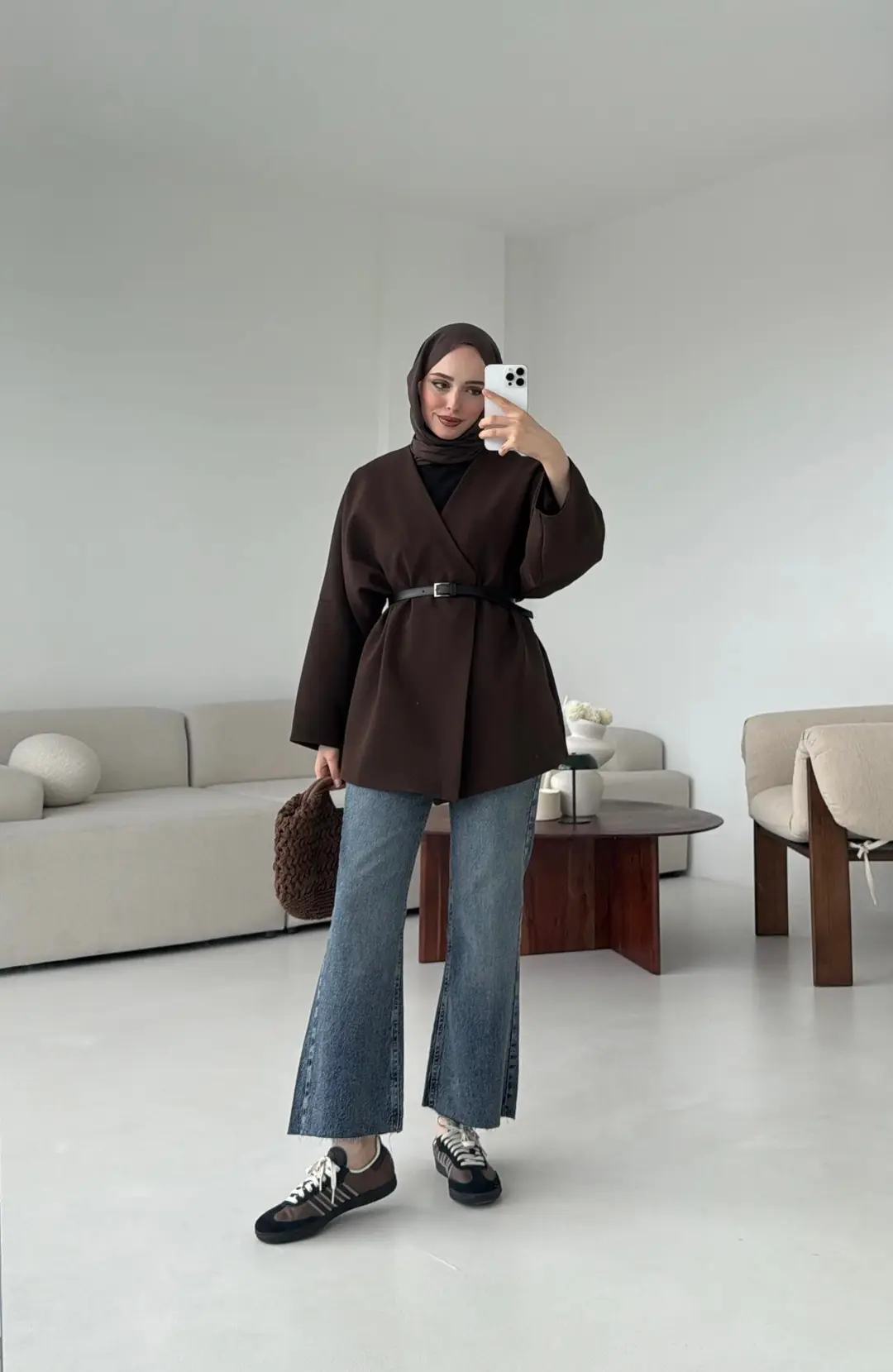 Deri Kemer Detay Oversize Ceket Kahve - Görsel 3