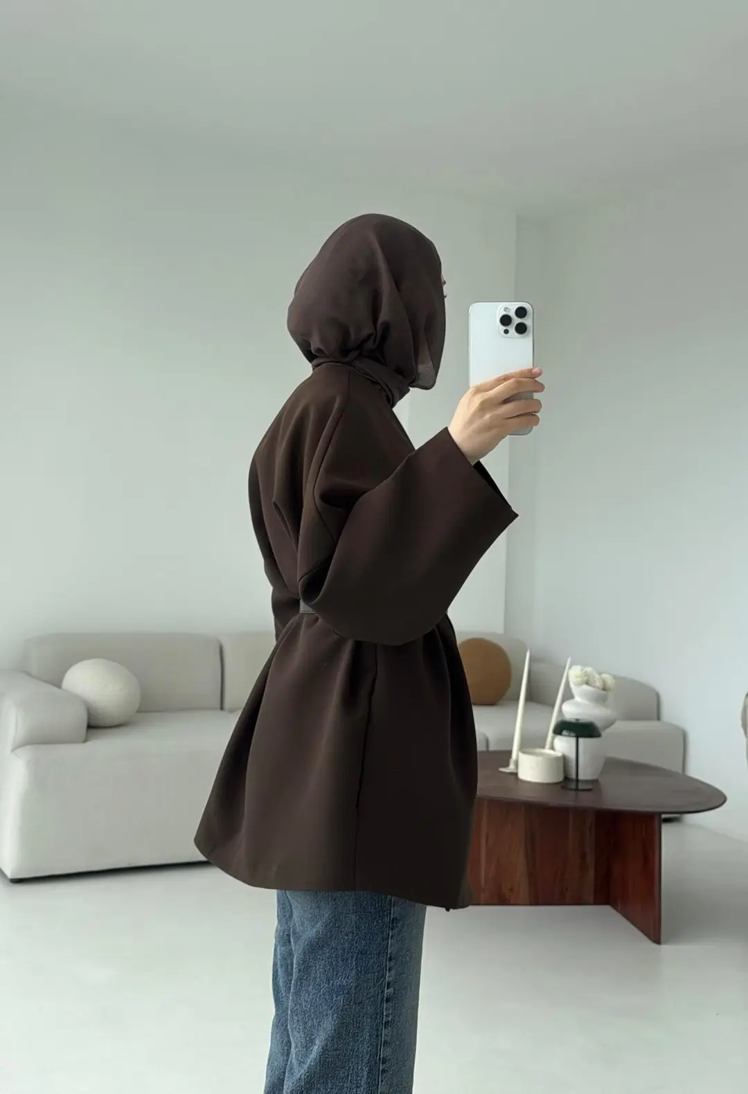 Deri Kemer Detay Oversize Ceket Kahve - Görsel 5