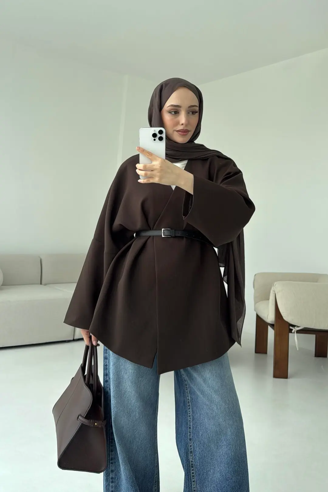 Deri Kemer Detay Oversize Ceket Kahve