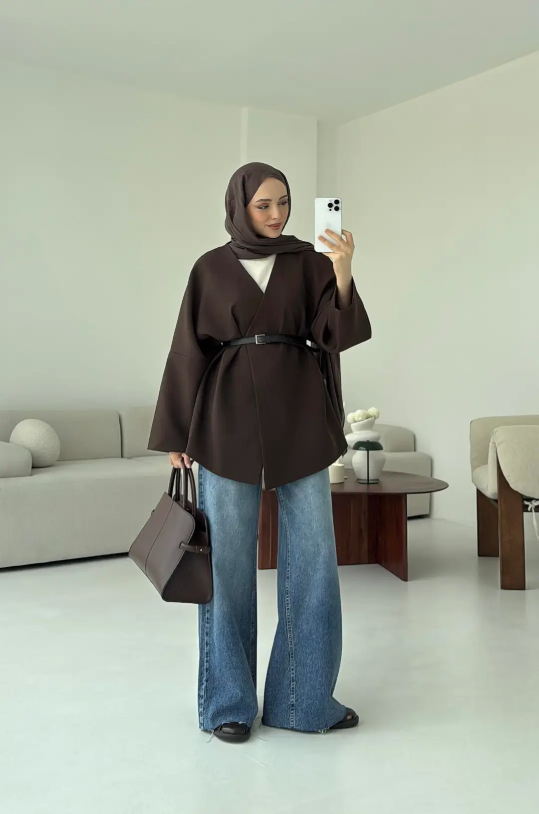 Deri Kemer Detay Oversize Ceket Kahve - Görsel 2