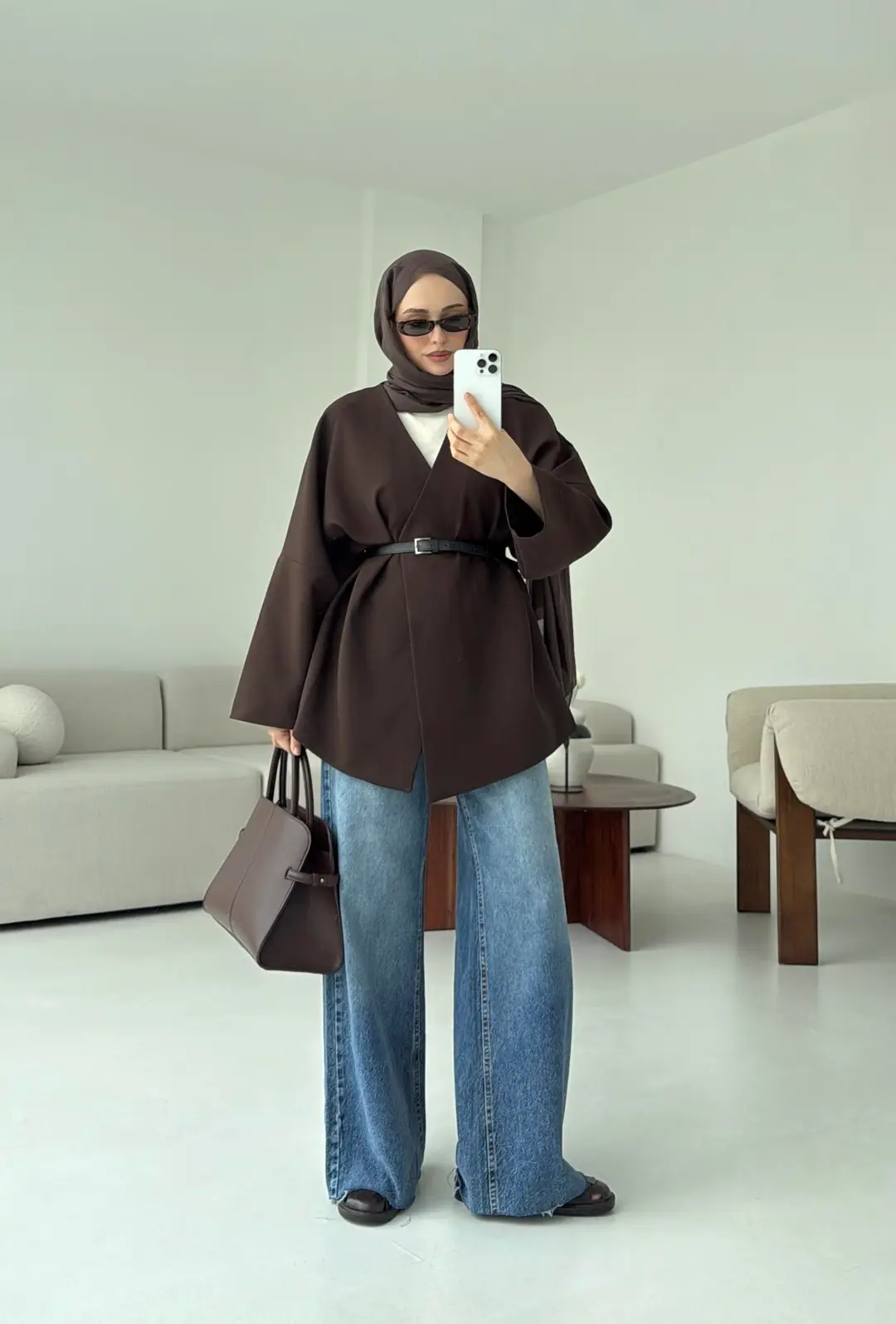 Deri Kemer Detay Oversize Ceket Kahve - Görsel 4