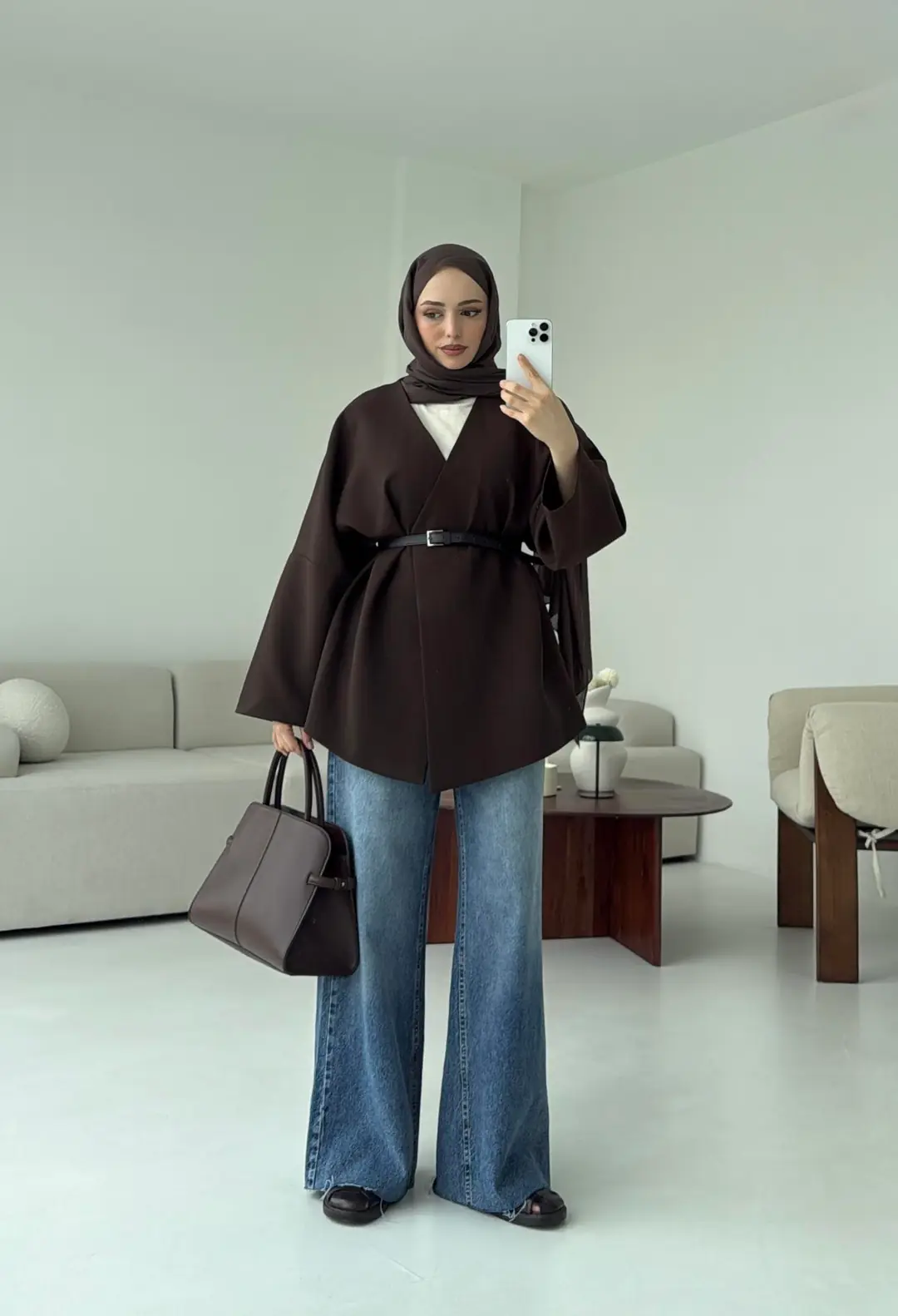 Deri Kemer Detay Oversize Ceket Kahve - Görsel 5