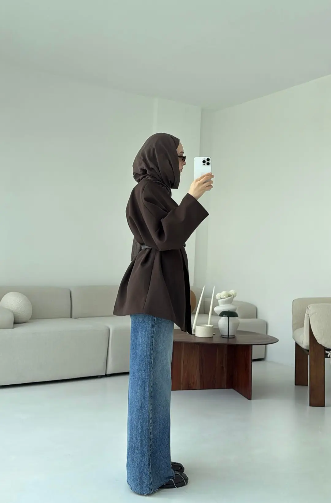 Deri Kemer Detay Oversize Ceket Kahve - Görsel 6