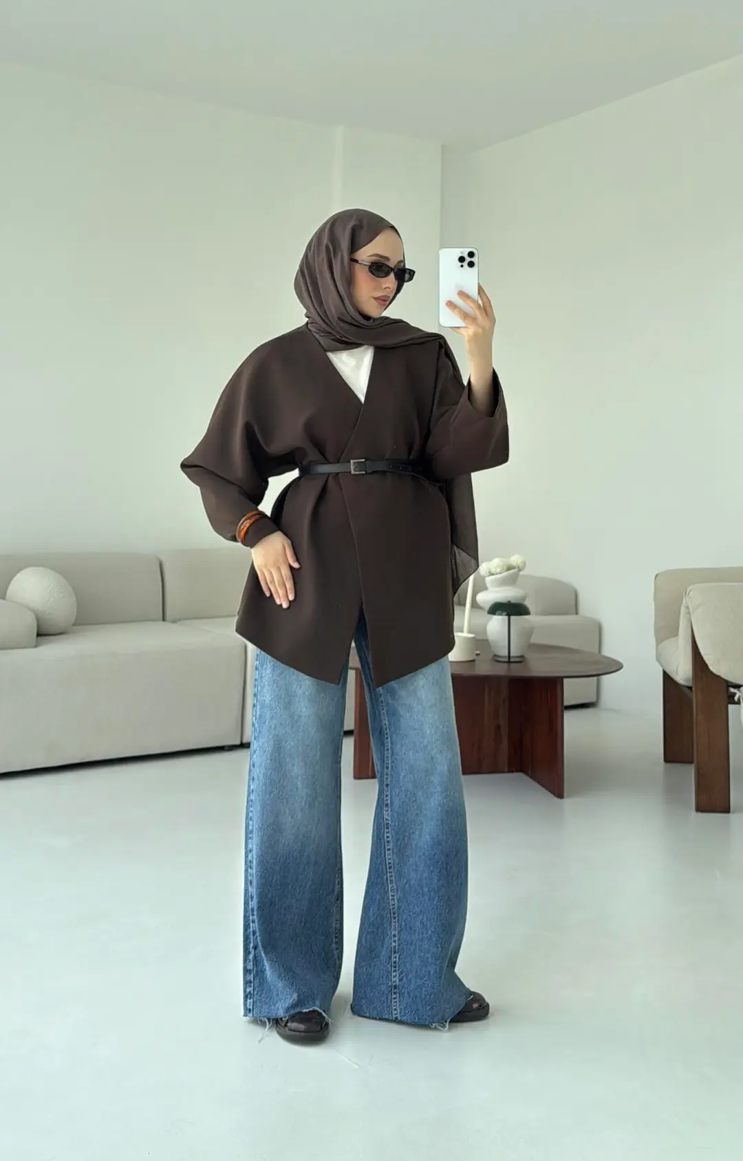 Deri Kemer Detay Oversize Ceket Kahve - Görsel 9