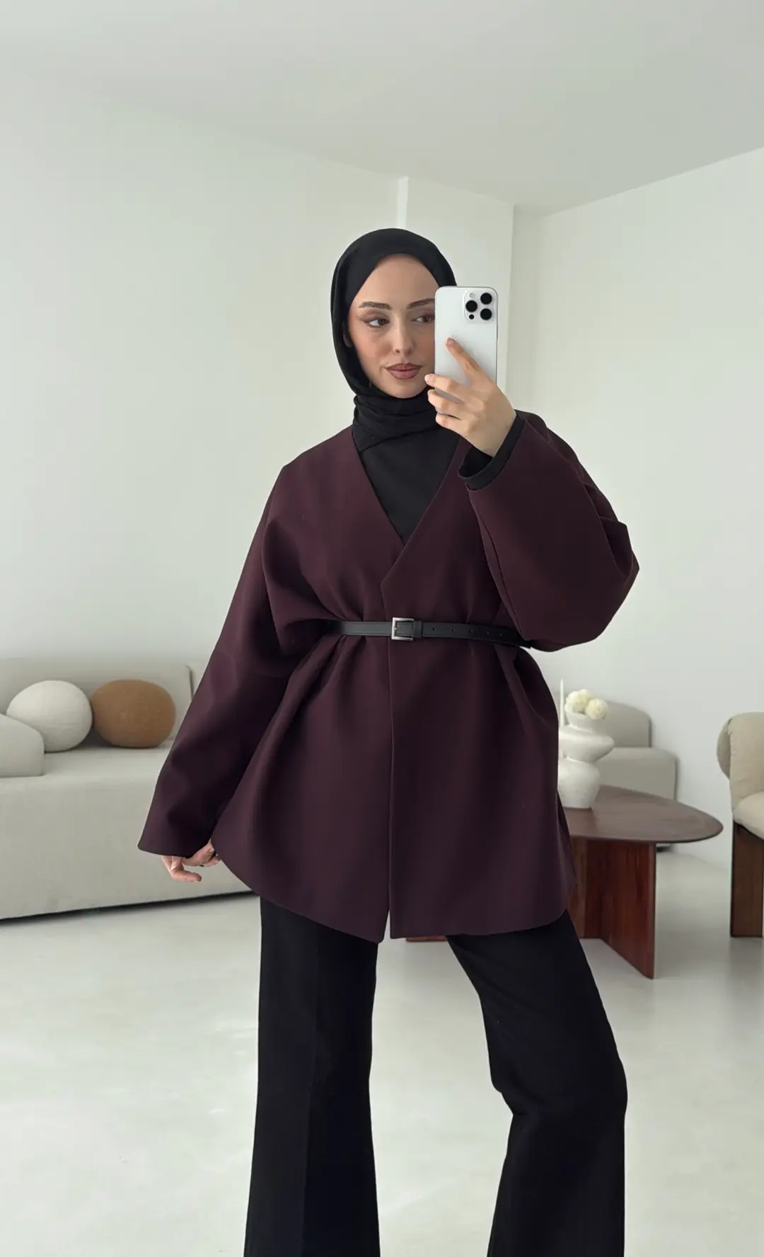 Deri Kemer Detay Oversize Ceket Mürdüm