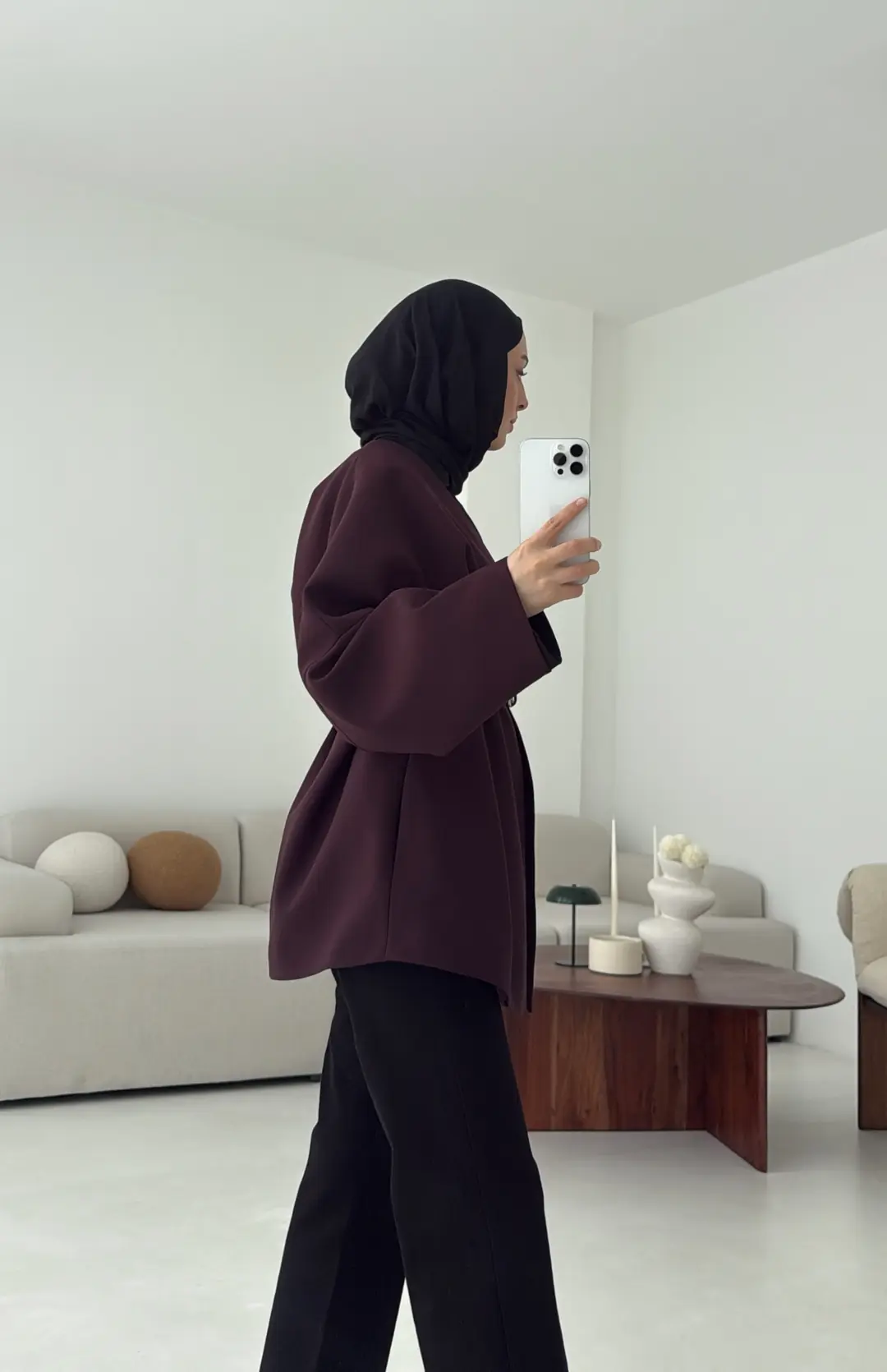 Deri Kemer Detay Oversize Ceket Mürdüm - Görsel 7