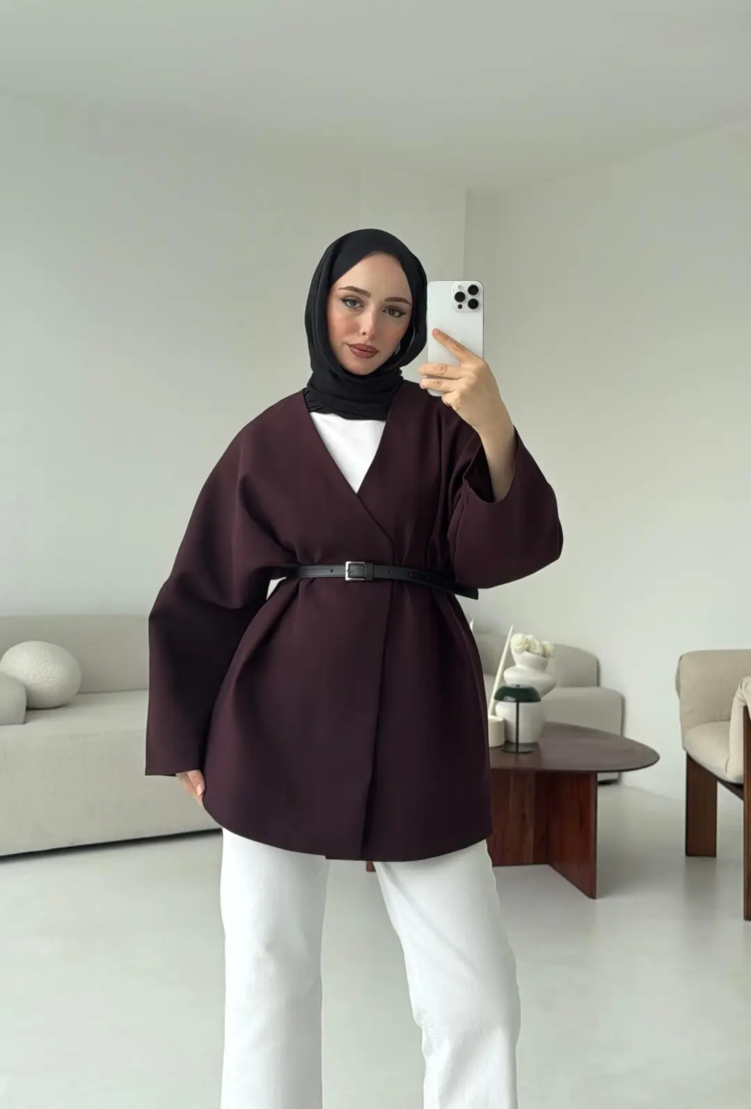 Deri Kemer Detay Oversize Ceket Mürdüm