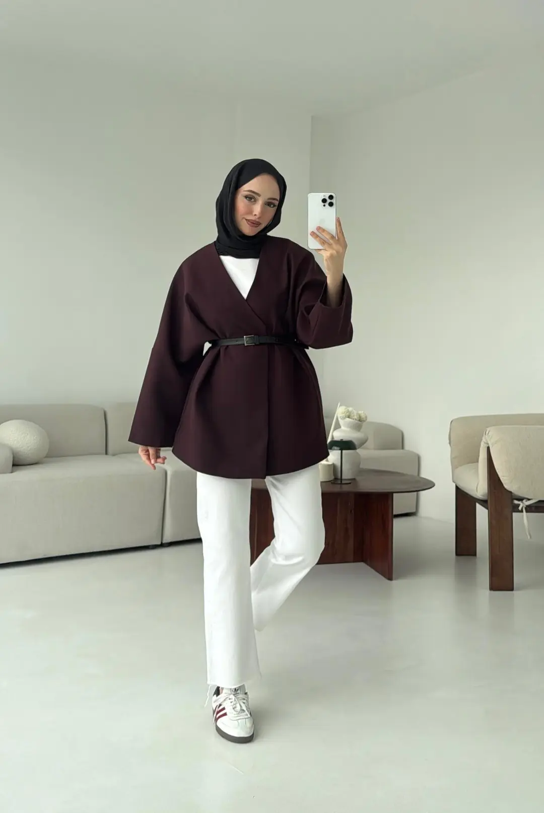 Deri Kemer Detay Oversize Ceket Mürdüm - Görsel 3