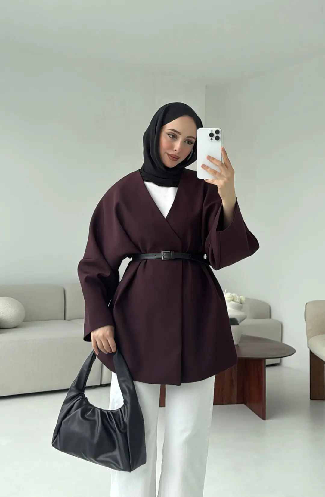 Deri Kemer Detay Oversize Ceket Mürdüm - Görsel 4