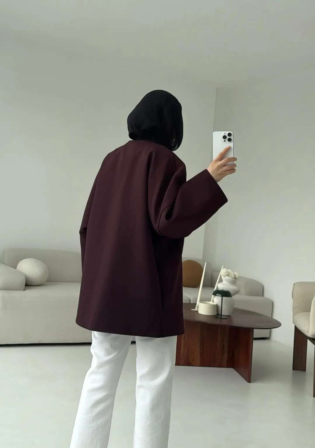 Deri Kemer Detay Oversize Ceket Mürdüm - Görsel 5