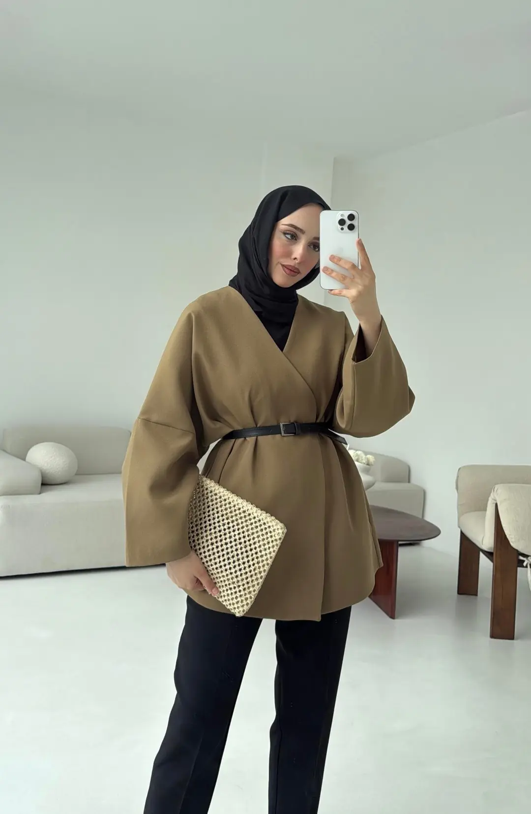 Deri Kemer Detay Oversize Ceket Olive