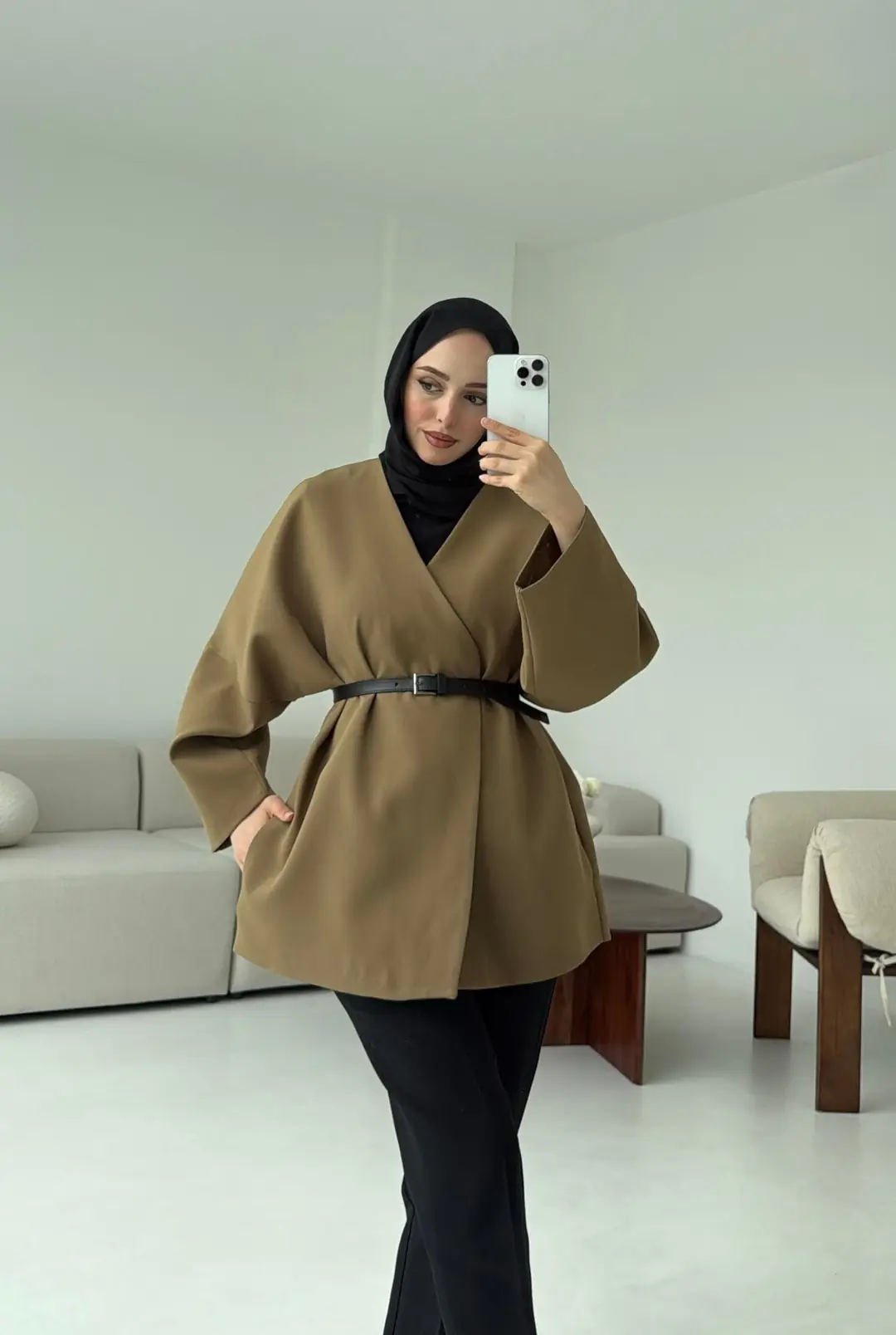 Deri Kemer Detay Oversize Ceket Olive - Görsel 2