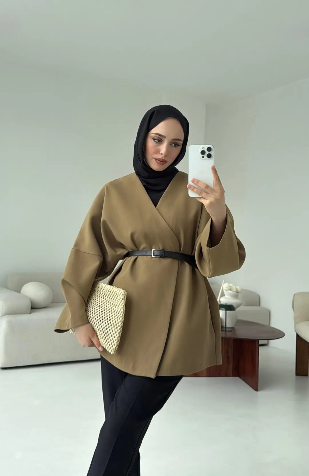 Deri Kemer Detay Oversize Ceket Olive - Görsel 6