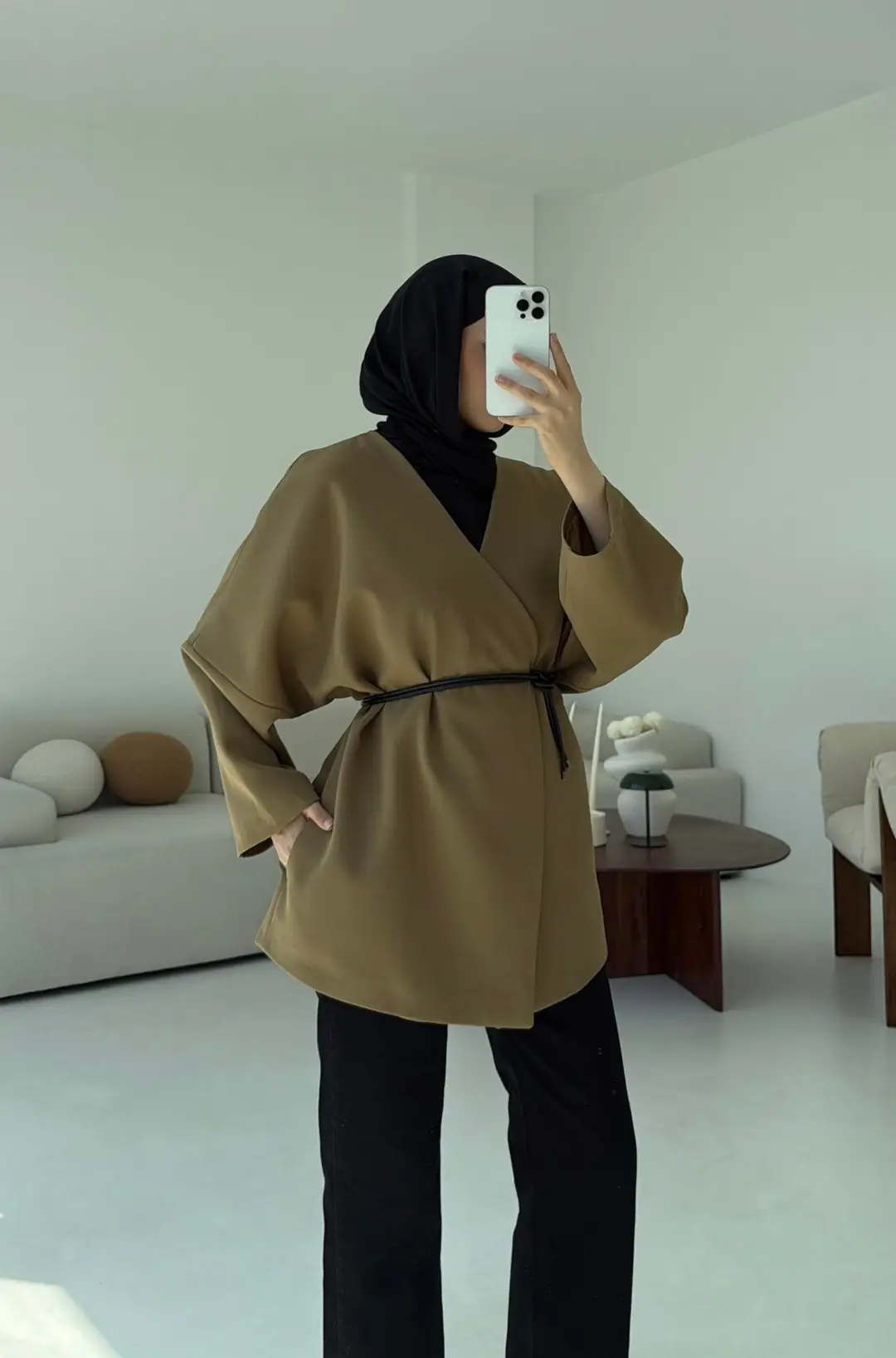 Deri Kemer Detay Oversize Ceket Olive - Görsel 2