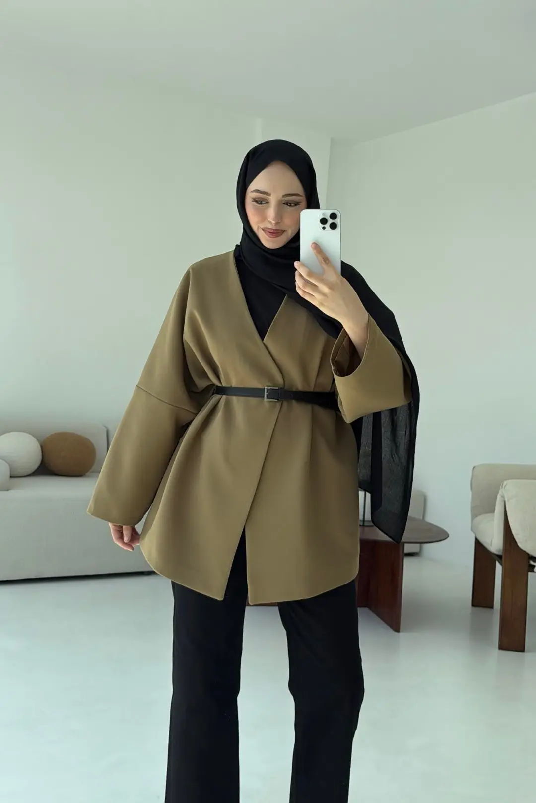 Deri Kemer Detay Oversize Ceket Olive - Görsel 3