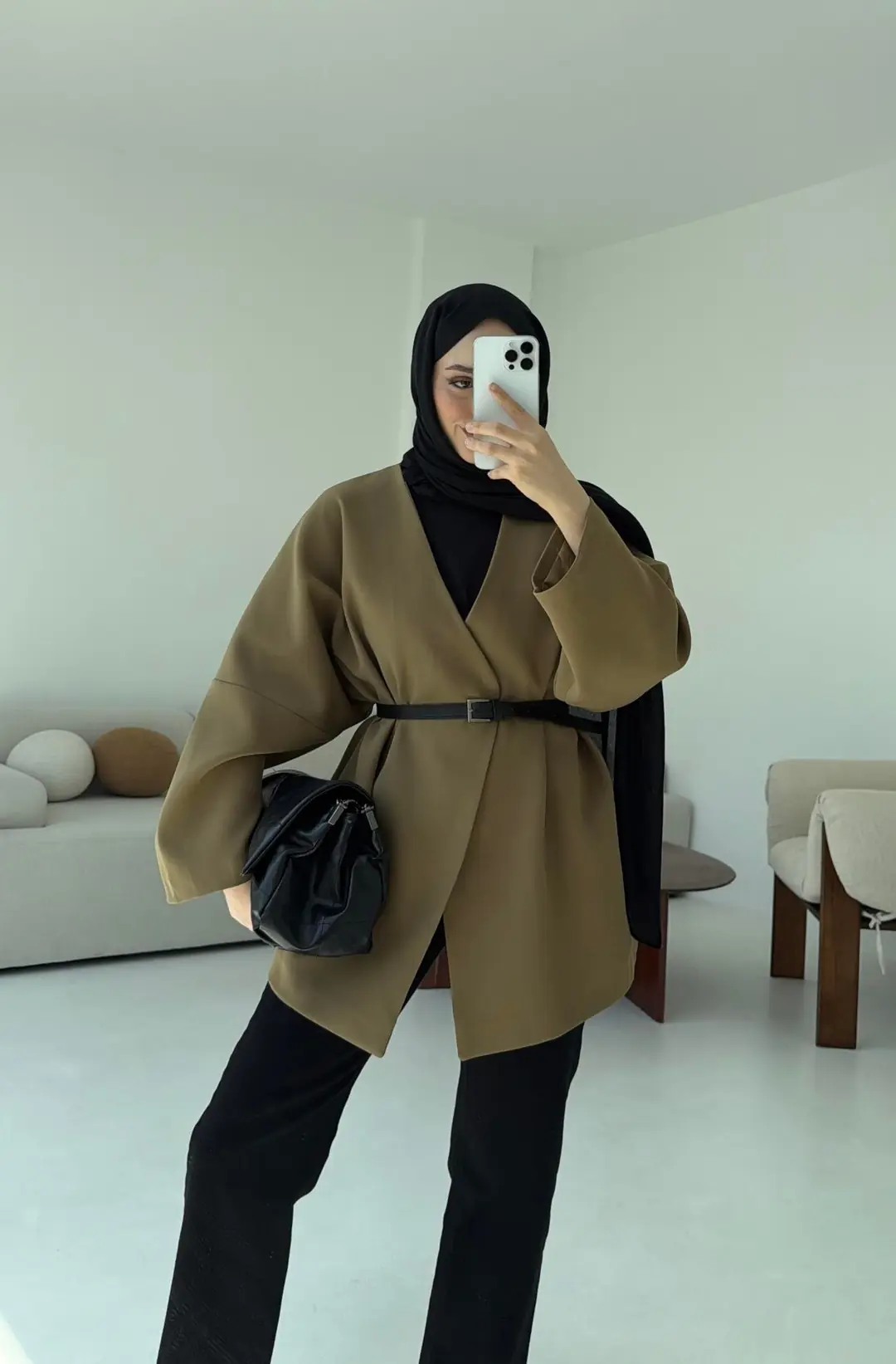 Deri Kemer Detay Oversize Ceket Olive - Görsel 5