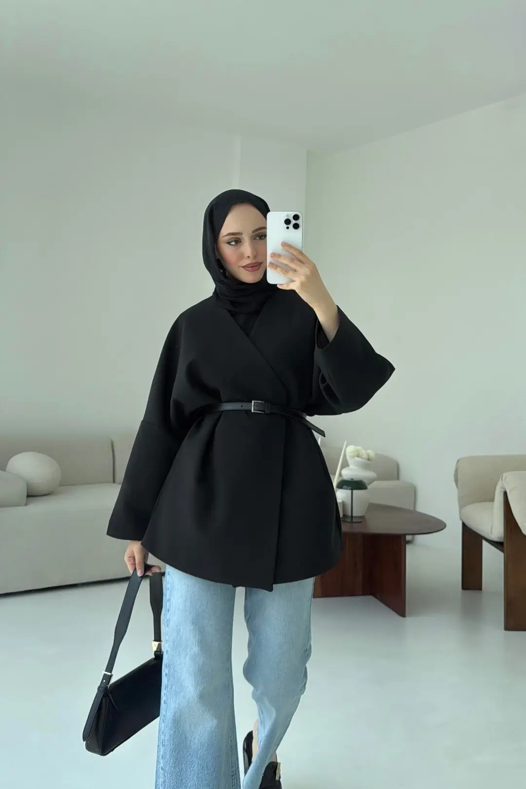 Deri Kemer Detay Oversize Ceket Siyah