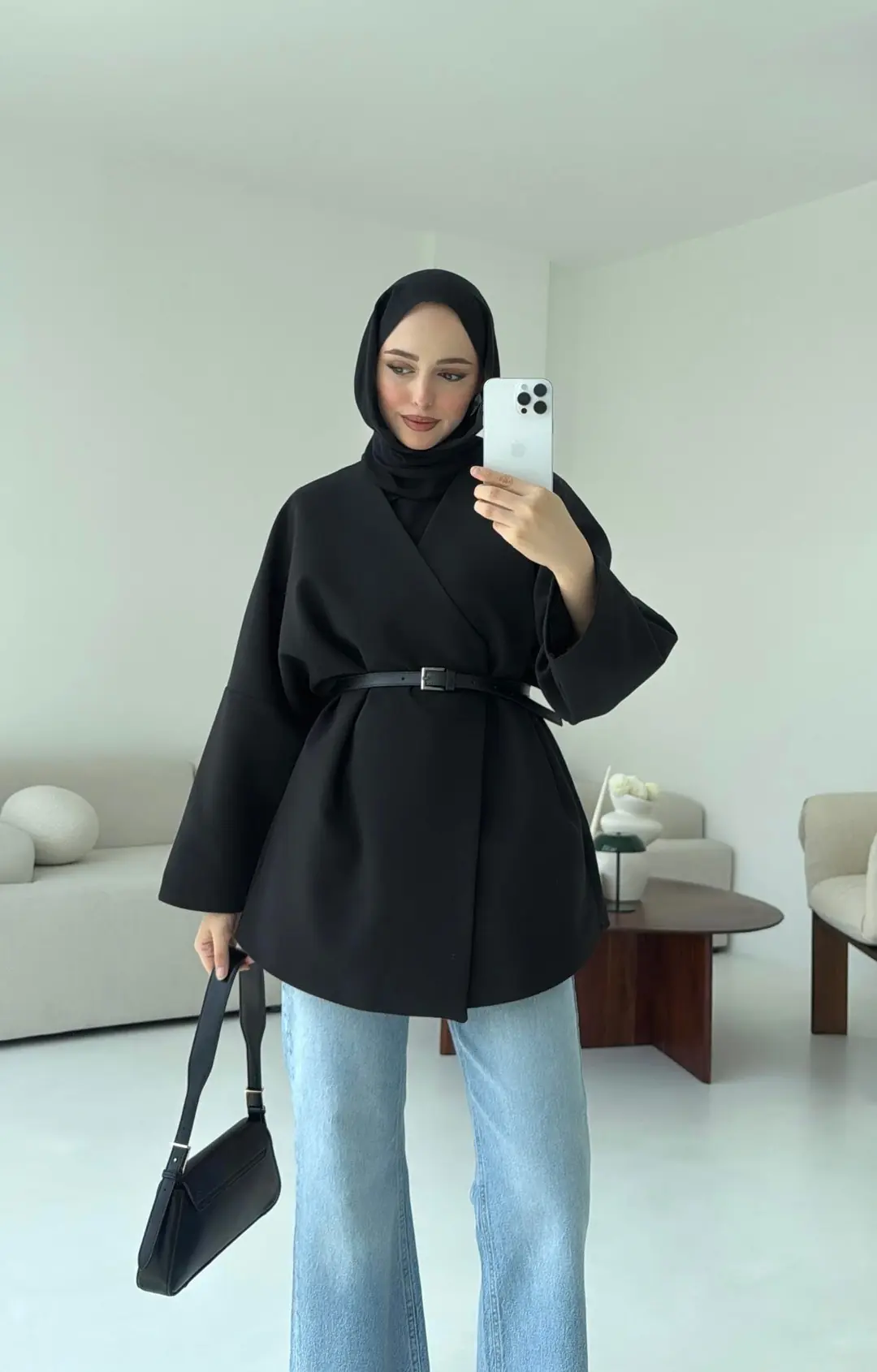 Deri Kemer Detay Oversize Ceket Siyah - Görsel 3