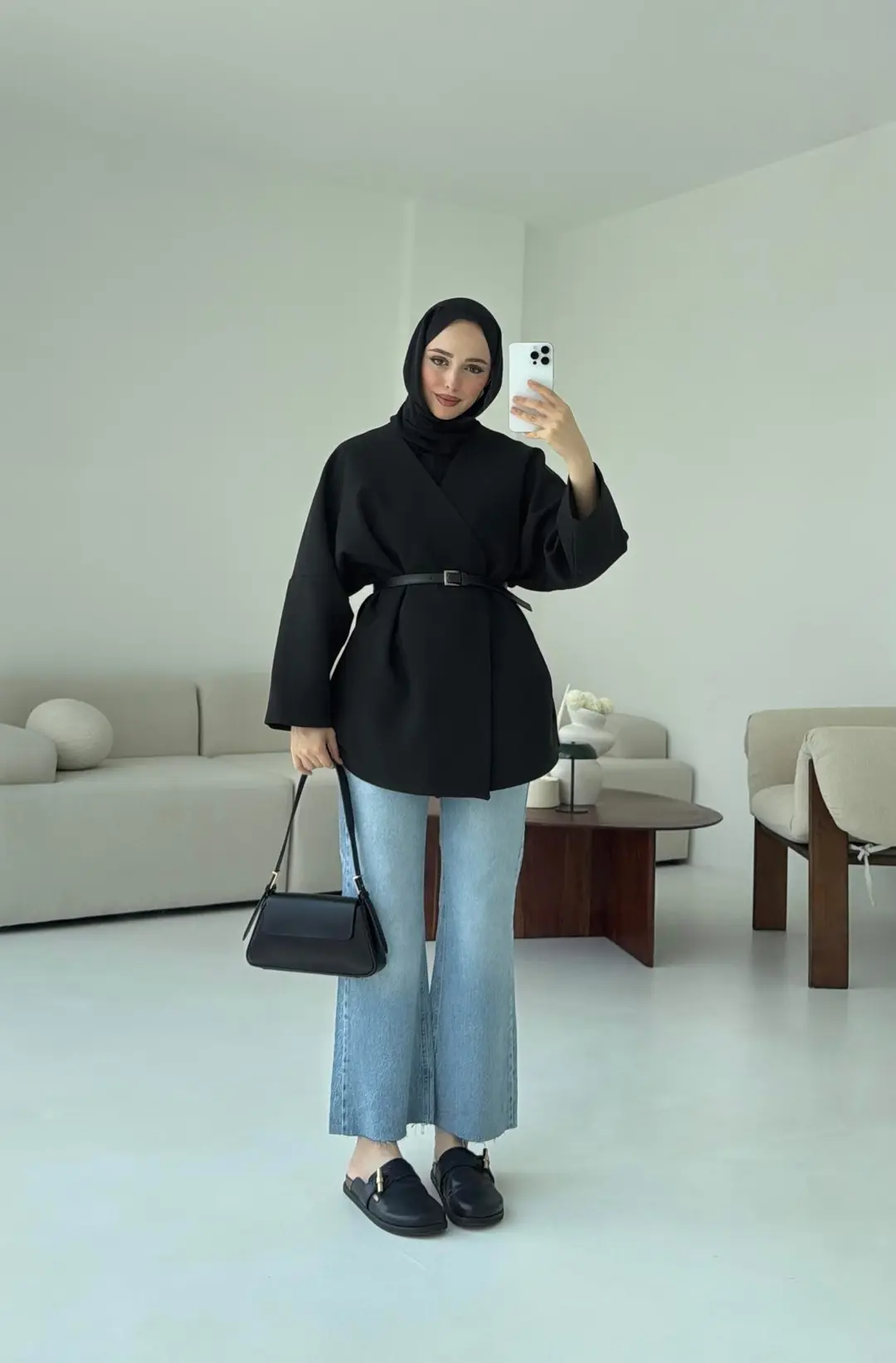 Deri Kemer Detay Oversize Ceket Siyah - Görsel 4