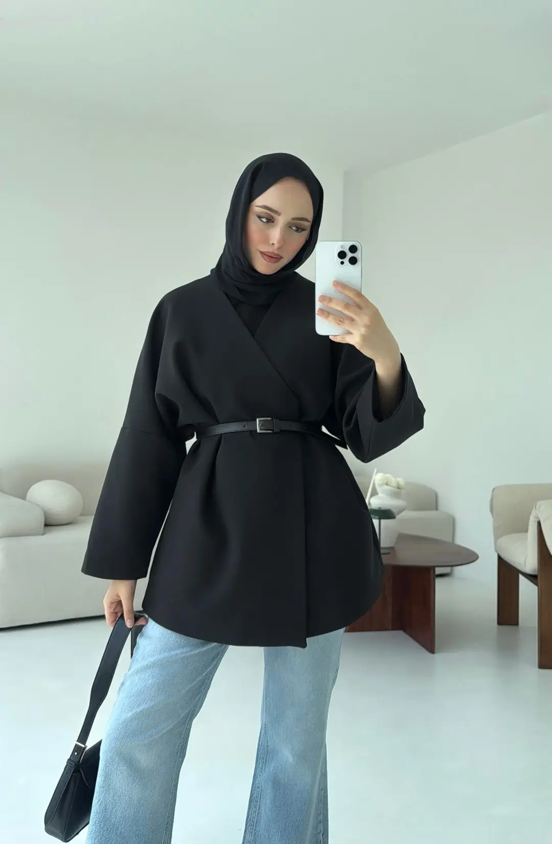 Deri Kemer Detay Oversize Ceket Siyah - Görsel 7