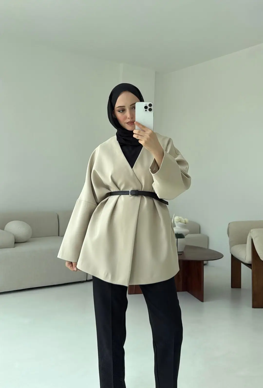 Deri Kemer Detay Oversize Ceket Taş - Görsel 10