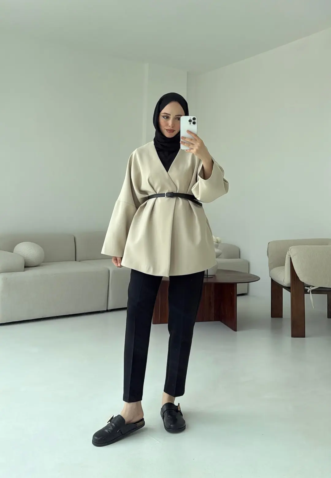 Deri Kemer Detay Oversize Ceket Taş - Görsel 3